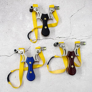 Metal Patch stainless steel slingshot with sight and level, ergonomic grip, polished finish