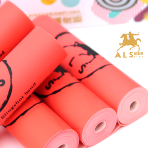 A coiled 2-meter roll of the ALS Professional Slingshot Flat Rubber Roll, showcasing its vibrant dual color natural latex band design against a white background.