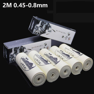 Close-up of BSB white latex band roll showing multiple thickness options 0.45mm–0.80mm