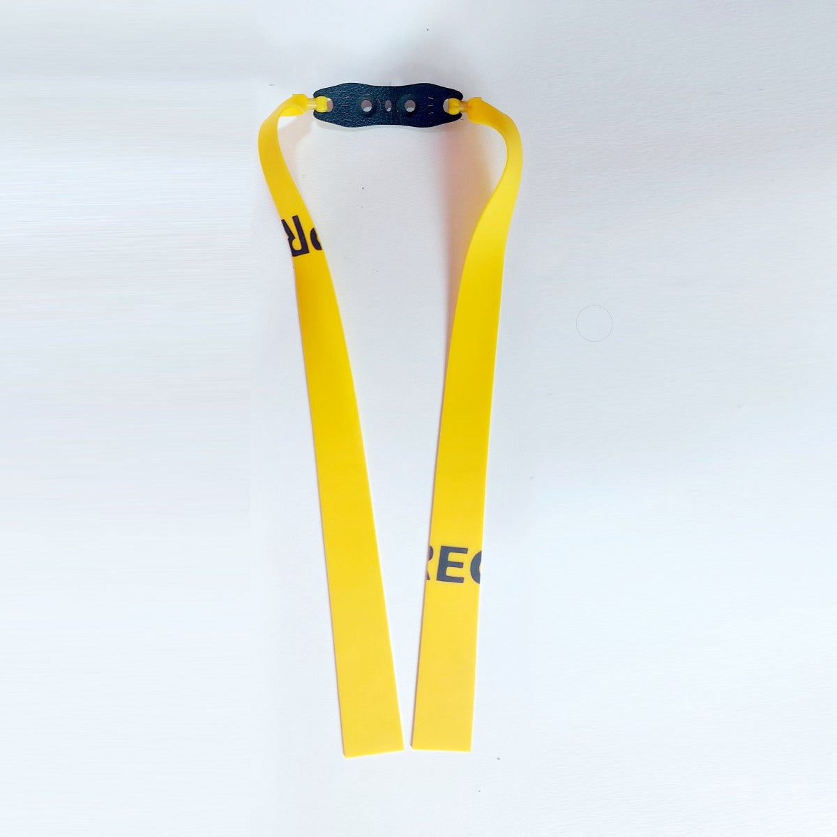 A single 20CM Mid Pull Slingshot Replacement Flat Rubber Band laid flat to display its precise taper and attached pouch.
