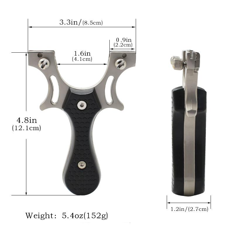 Compact Metal Patch slingshot in black, blue, and brown with ergonomic handle and solid build